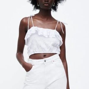 ZARA White Ruffled Women's Crop Tank Top Cottagecore